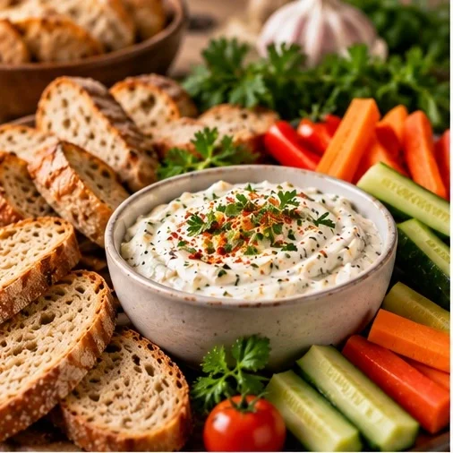 Cremiger Dip mit Brot und Gemüse