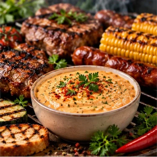 Grill-Dip zu gegrilltem Fleisch und Gemüse