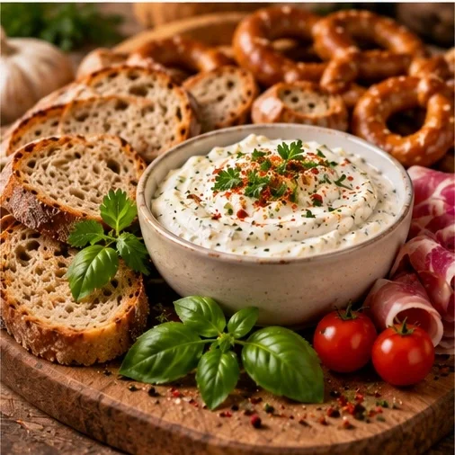 Brotzeit mit Dip und frischem Brot