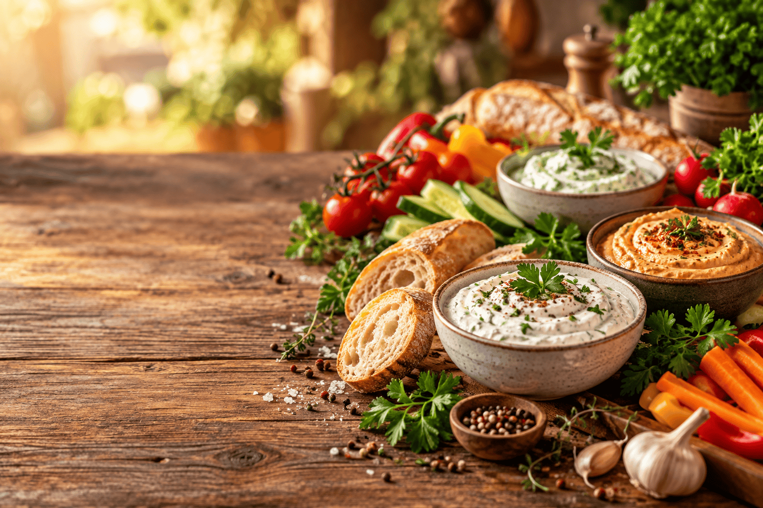 Dip-Fee Rezepte mit Dips, Brot und frischem Gemüse